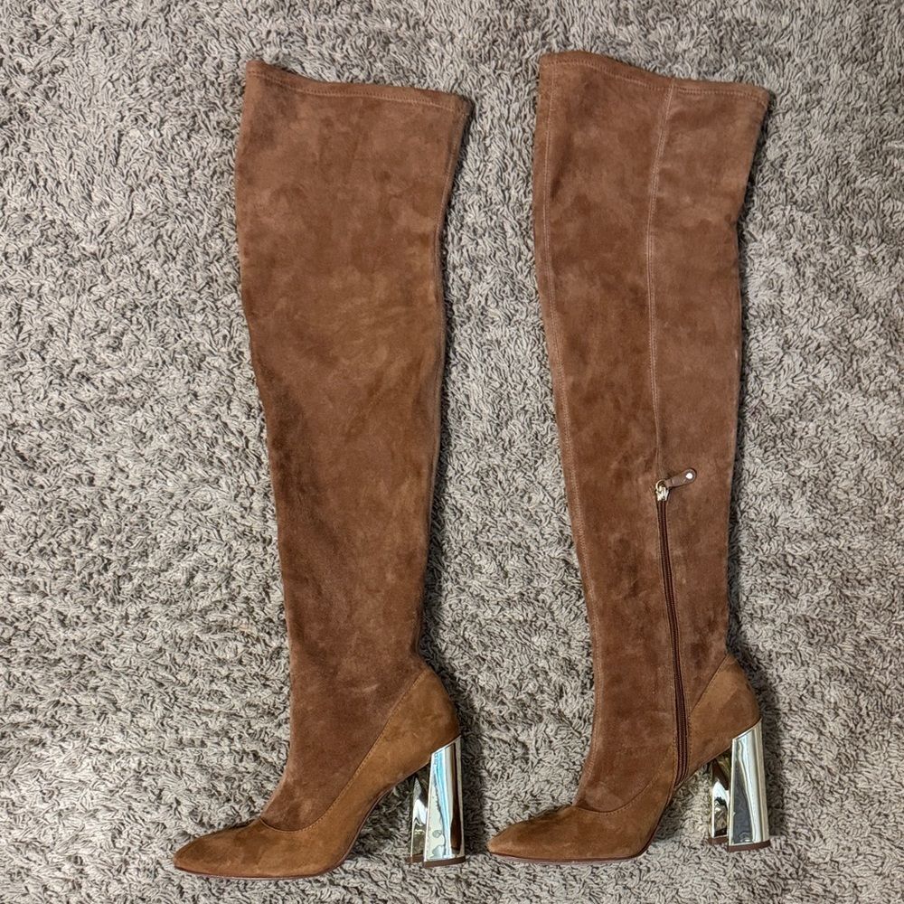 BCBGMaxAzria Brown Stretch Suede Over the Knee Boots Gold Heel size 10 Party